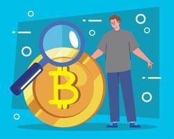 man and bitcoin with magnifying glass vector