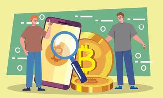 men with bitcoins in smartphone vector