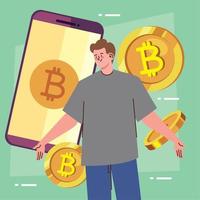 man with bitcoins in smartphone vector