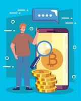 hombre con bitcoins en smartphone y lupa vector