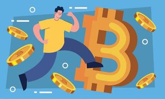 bitcoins con hombre corriendo vector