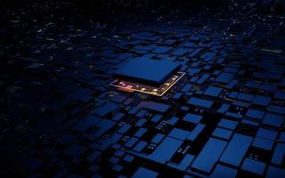 3D rendering microprocessor CPU chipset central processor unit on the illumination circuit computer mainboard. Cyber and futuristic concept, hardware, AI, electronics and technology, with copy space photo