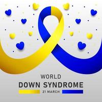 Down syndrome world day vector poster with blue and yellow ribbon. Social poster 21 March World Down Syndrome Day.