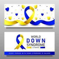 Down syndrome world day vector poster with blue and yellow ribbon. Social poster 21 March World Down Syndrome Day.