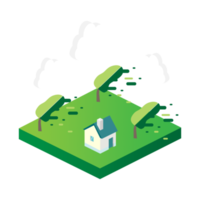 Climate Change Isometric Element Design greend ground,wind tree, house, and cloud png