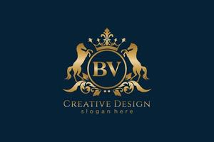 cresta de oro retro bv inicial con círculo y dos caballos, plantilla de insignia con pergaminos y corona real - perfecto para proyectos de marca de lujo vector