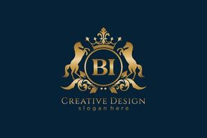 initial BI Retro golden crest with circle and two horses, badge template with scrolls and royal crown - perfect for luxurious branding projects vector