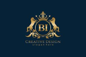 initial BI Retro golden crest with circle and two horses, badge template with scrolls and royal crown - perfect for luxurious branding projects vector