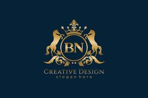 initial BN Retro golden crest with circle and two horses, badge template with scrolls and royal crown - perfect for luxurious branding projects vector