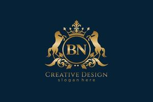 initial BN Retro golden crest with circle and two horses, badge template with scrolls and royal crown - perfect for luxurious branding projects vector