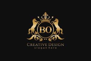initial BO Retro golden crest with circle and two horses, badge template with scrolls and royal crown - perfect for luxurious branding projects vector