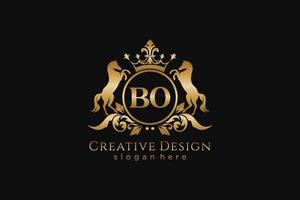 initial BO Retro golden crest with circle and two horses, badge template with scrolls and royal crown - perfect for luxurious branding projects vector