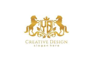 initial YB Retro golden crest with shield and two horses, badge template with scrolls and royal crown - perfect for luxurious branding projects vector