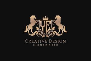 initial YE Retro golden crest with shield and two horses, badge template with scrolls and royal crown - perfect for luxurious branding projects vector