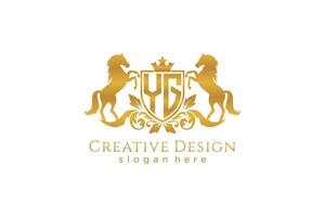 initial YG Retro golden crest with shield and two horses, badge template with scrolls and royal crown - perfect for luxurious branding projects vector