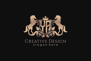 initial YA Retro golden crest with shield and two horses, badge template with scrolls and royal crown - perfect for luxurious branding projects vector