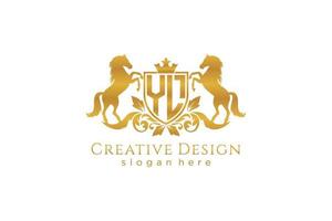 initial YL Retro golden crest with shield and two horses, badge template with scrolls and royal crown - perfect for luxurious branding projects vector