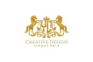 initial YL Retro golden crest with shield and two horses, badge template with scrolls and royal crown - perfect for luxurious branding projects vector