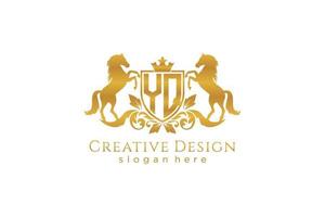 initial YQ Retro golden crest with shield and two horses, badge template with scrolls and royal crown - perfect for luxurious branding projects vector