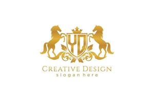 initial YQ Retro golden crest with shield and two horses, badge template with scrolls and royal crown - perfect for luxurious branding projects vector