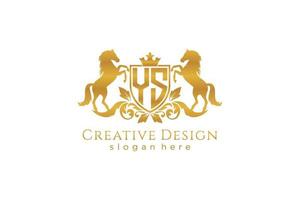 initial YS Retro golden crest with shield and two horses, badge template with scrolls and royal crown - perfect for luxurious branding projects vector