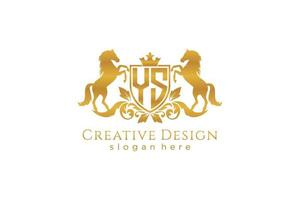 initial YS Retro golden crest with shield and two horses, badge template with scrolls and royal crown - perfect for luxurious branding projects vector