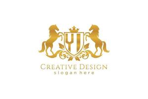 initial YI Retro golden crest with shield and two horses, badge template with scrolls and royal crown - perfect for luxurious branding projects vector