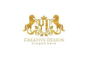 initial YI Retro golden crest with shield and two horses, badge template with scrolls and royal crown - perfect for luxurious branding projects vector