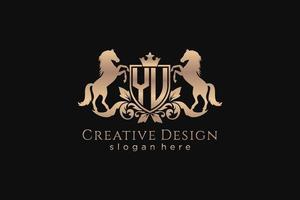 initial YU Retro golden crest with shield and two horses, badge template with scrolls and royal crown - perfect for luxurious branding projects vector