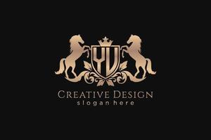 initial YU Retro golden crest with shield and two horses, badge template with scrolls and royal crown - perfect for luxurious branding projects vector