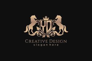 initial YO Retro golden crest with shield and two horses, badge template with scrolls and royal crown - perfect for luxurious branding projects vector