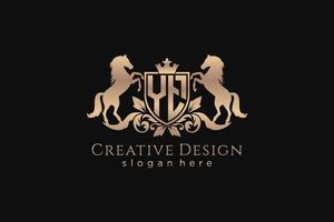 initial YT Retro golden crest with shield and two horses, badge template with scrolls and royal crown - perfect for luxurious branding projects vector