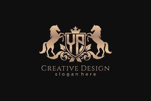 initial YP Retro golden crest with shield and two horses, badge template with scrolls and royal crown - perfect for luxurious branding projects vector