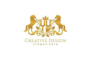 initial YV Retro golden crest with shield and two horses, badge template with scrolls and royal crown - perfect for luxurious branding projects vector