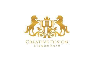 initial YV Retro golden crest with shield and two horses, badge template with scrolls and royal crown - perfect for luxurious branding projects vector