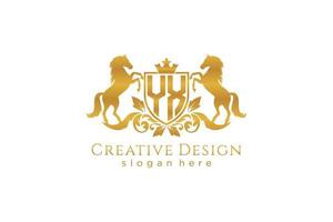 initial YX Retro golden crest with shield and two horses, badge template with scrolls and royal crown - perfect for luxurious branding projects vector