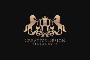 initial YY Retro golden crest with shield and two horses, badge template with scrolls and royal crown - perfect for luxurious branding projects vector