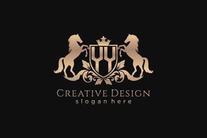 initial YY Retro golden crest with shield and two horses, badge template with scrolls and royal crown - perfect for luxurious branding projects vector