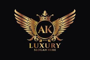 Luxury royal wing Letter AK crest Gold color Logo vector, Victory logo, crest logo, wing logo, vector logo template.