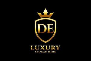 initial DE elegant luxury monogram logo or badge template with scrolls and royal crown - perfect for luxurious branding projects vector