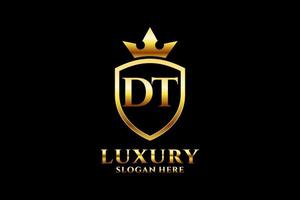initial DT elegant luxury monogram logo or badge template with scrolls and royal crown - perfect for luxurious branding projects vector