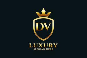 initial DV elegant luxury monogram logo or badge template with scrolls and royal crown - perfect for luxurious branding projects vector