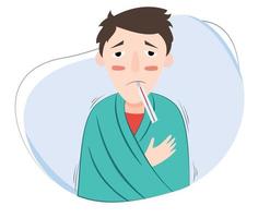 illustration of sick person with fever using blanket and thermometer in mouth vector