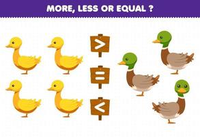 Education game for children more less or equal count the amount of cute cartoon duck printable farm worksheet vector