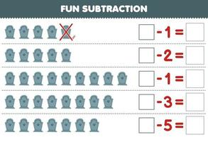 Education game for children fun subtraction by counting cute cartoon gray tombstone in each row and eliminating it printable halloween worksheet vector