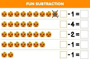 Education game for children fun subtraction by counting cute cartoon orange pumpkin in each row and eliminating it printable halloween worksheet vector