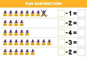 Education game for children fun subtraction by counting cute cartoon yellow corn candy in each row and eliminating it printable halloween worksheet vector