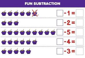 Education game for children fun subtraction by counting cute cartoon purple cauldron in each row and eliminating it printable halloween worksheet vector