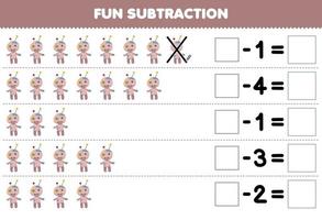 Education game for children fun subtraction by counting cute cartoon voodoo doll in each row and eliminating it printable halloween worksheet vector