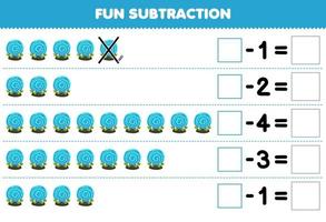 Education game for children fun subtraction by counting cute cartoon blue magic orb in each row and eliminating it printable halloween worksheet vector